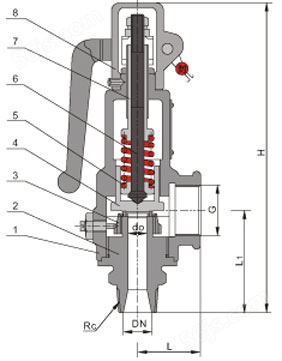 A27带扳手弹簧微启式铸钢螺纹阀外形尺寸图